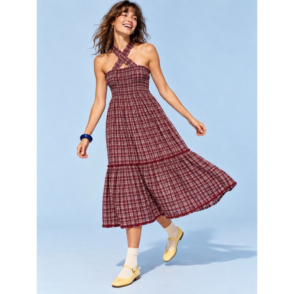 Damson Madder Red Plaid Smocked Convertible Halter Midi Dress UK 14 US 10